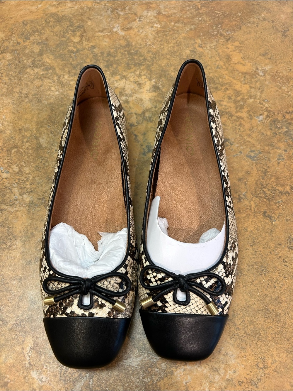 Vionic Klara Black & Snake-Print Ballet Flats with Bow - Picture 1 of 12